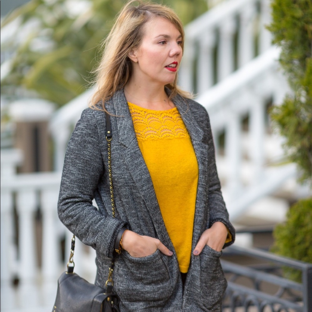 Sezane mustard yellow linen lace trim top M